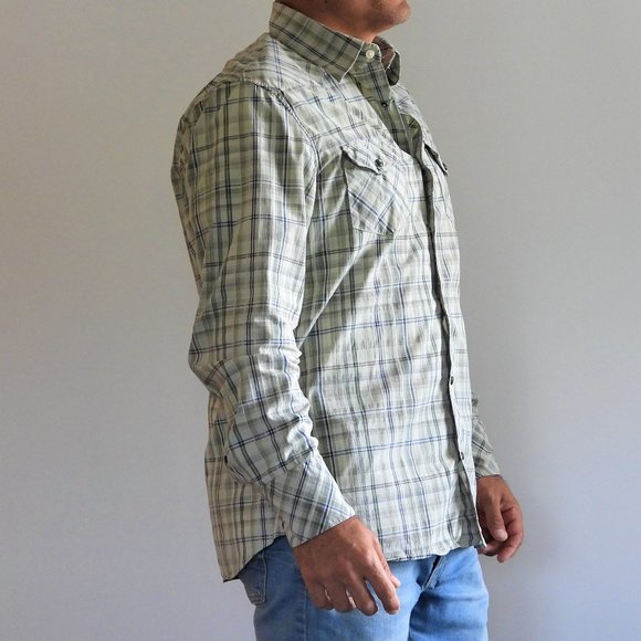 Banana Republic Mens Sz Large Western Shirt Blue Green Plaid Pearl Snap Stretch - Picture 2 of 4